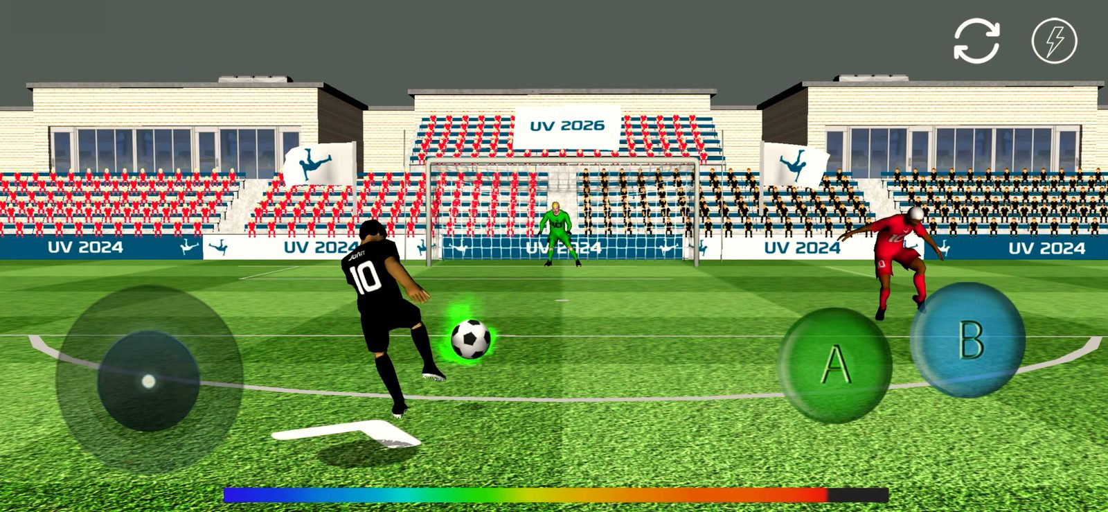 Unreal Soccer Volley 2026 gameplay — a player striking a volley towards goal